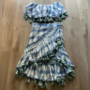 misa los angeles blue gingham tassel pom pom high low skirt + top set medium